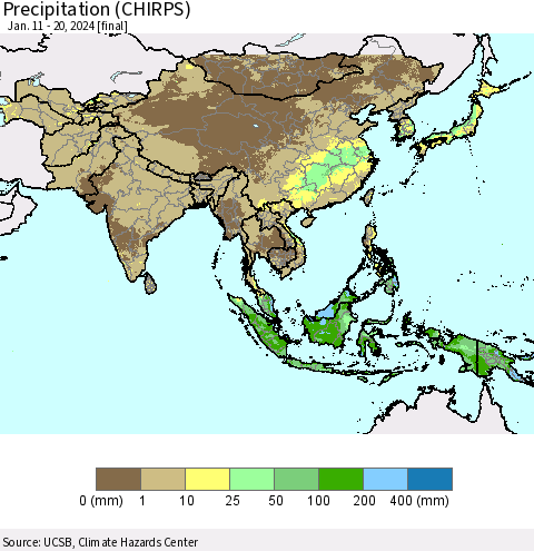 Asia Precipitation (CHIRPS) Thematic Map For 1/11/2024 - 1/20/2024