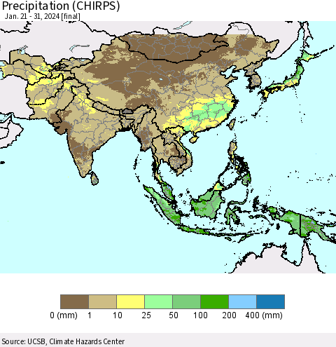 Asia Precipitation (CHIRPS) Thematic Map For 1/21/2024 - 1/31/2024