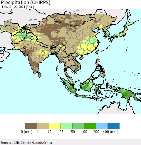 Asia Precipitation (CHIRPS) Thematic Map For 2/11/2024 - 2/20/2024