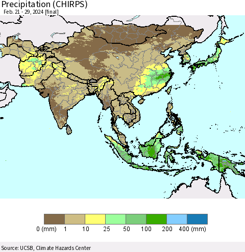 Asia Precipitation (CHIRPS) Thematic Map For 2/21/2024 - 2/29/2024
