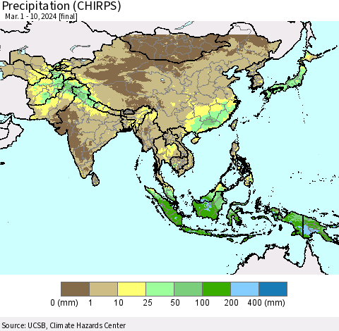 Asia Precipitation (CHIRPS) Thematic Map For 3/1/2024 - 3/10/2024