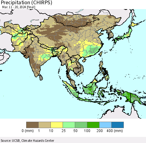 Asia Precipitation (CHIRPS) Thematic Map For 3/11/2024 - 3/20/2024