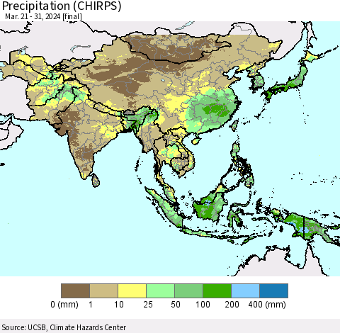 Asia Precipitation (CHIRPS) Thematic Map For 3/21/2024 - 3/31/2024