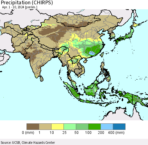 Asia Precipitation (CHIRPS) Thematic Map For 4/1/2024 - 4/10/2024