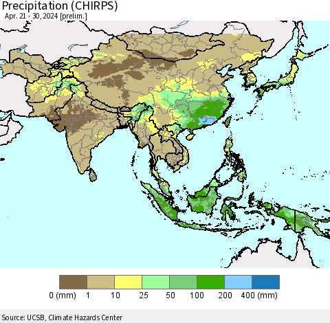 Asia Precipitation (CHIRPS) Thematic Map For 4/21/2024 - 4/30/2024