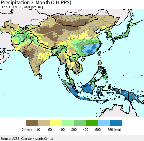 Asia Precipitation 3-Month (CHIRPS) Thematic Map For 2/1/2024 - 4/30/2024