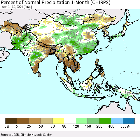Asia Percent of Normal Precipitation 1-Month (CHIRPS) Thematic Map For 4/1/2024 - 4/30/2024
