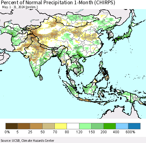 Asia Percent of Normal Precipitation 1-Month (CHIRPS) Thematic Map For 5/1/2024 - 5/31/2024