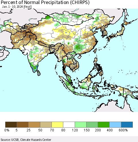 Asia Percent of Normal Precipitation (CHIRPS) Thematic Map For 1/1/2024 - 1/10/2024