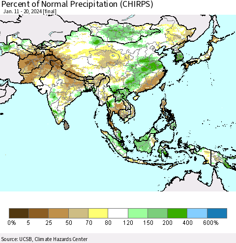 Asia Percent of Normal Precipitation (CHIRPS) Thematic Map For 1/11/2024 - 1/20/2024