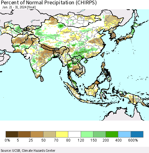 Asia Percent of Normal Precipitation (CHIRPS) Thematic Map For 1/21/2024 - 1/31/2024