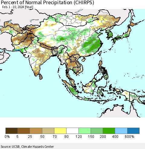 Asia Percent of Normal Precipitation (CHIRPS) Thematic Map For 2/1/2024 - 2/10/2024