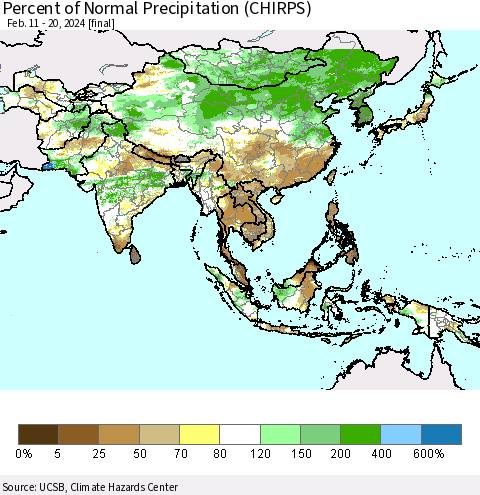 Asia Percent of Normal Precipitation (CHIRPS) Thematic Map For 2/11/2024 - 2/20/2024