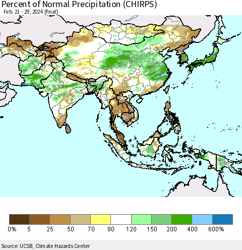 Asia Percent of Normal Precipitation (CHIRPS) Thematic Map For 2/21/2024 - 2/29/2024