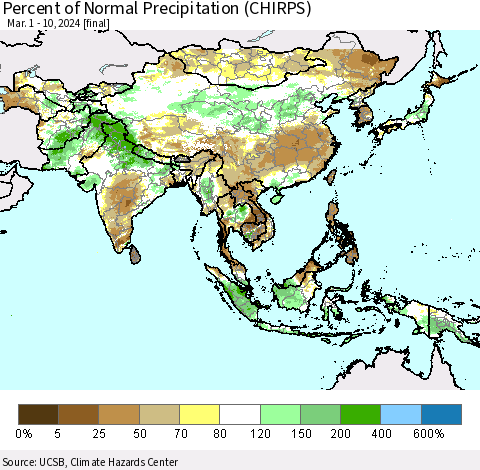 Asia Percent of Normal Precipitation (CHIRPS) Thematic Map For 3/1/2024 - 3/10/2024