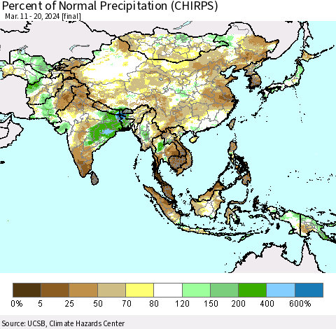 Asia Percent of Normal Precipitation (CHIRPS) Thematic Map For 3/11/2024 - 3/20/2024