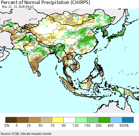 Asia Percent of Normal Precipitation (CHIRPS) Thematic Map For 3/21/2024 - 3/31/2024
