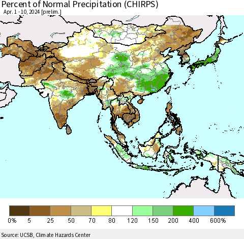Asia Percent of Normal Precipitation (CHIRPS) Thematic Map For 4/1/2024 - 4/10/2024