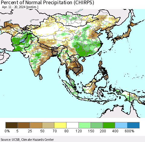 Asia Percent of Normal Precipitation (CHIRPS) Thematic Map For 4/11/2024 - 4/20/2024
