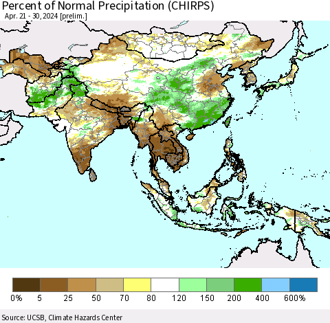Asia Percent of Normal Precipitation (CHIRPS) Thematic Map For 4/21/2024 - 4/30/2024
