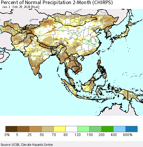 Asia Percent of Normal Precipitation 2-Month (CHIRPS) Thematic Map For 1/1/2024 - 2/29/2024