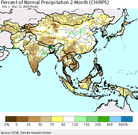 Asia Percent of Normal Precipitation 2-Month (CHIRPS) Thematic Map For 2/1/2024 - 3/31/2024