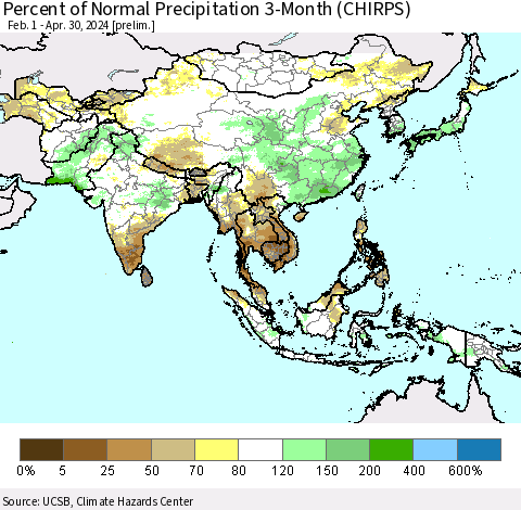 Asia Percent of Normal Precipitation 3-Month (CHIRPS) Thematic Map For 2/1/2024 - 4/30/2024