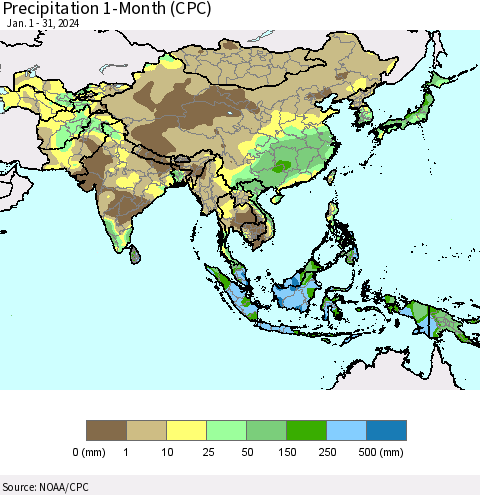 Asia Precipitation 1-Month (CPC) Thematic Map For 1/1/2024 - 1/31/2024