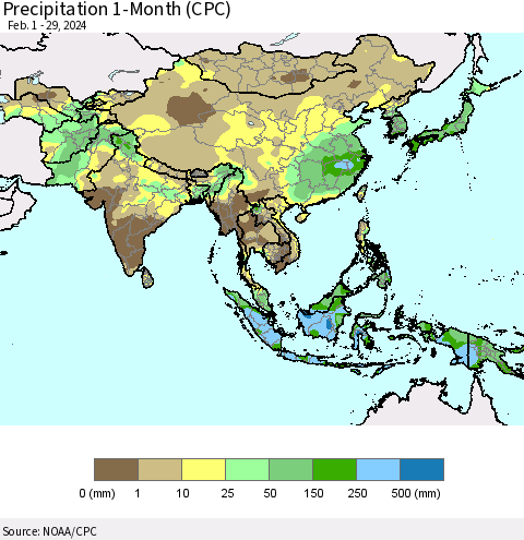 Asia Precipitation 1-Month (CPC) Thematic Map For 2/1/2024 - 2/29/2024