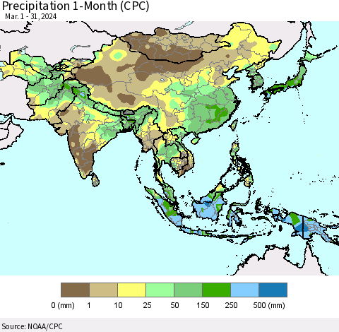 Asia Precipitation 1-Month (CPC) Thematic Map For 3/1/2024 - 3/31/2024