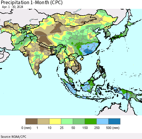 Asia Precipitation 1-Month (CPC) Thematic Map For 4/1/2024 - 4/30/2024