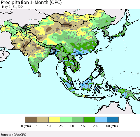Asia Precipitation 1-Month (CPC) Thematic Map For 5/1/2024 - 5/31/2024