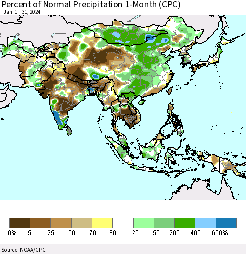 Asia Percent of Normal Precipitation 1-Month (CPC) Thematic Map For 1/1/2024 - 1/31/2024