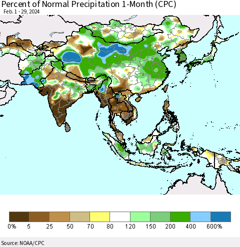 Asia Percent of Normal Precipitation 1-Month (CPC) Thematic Map For 2/1/2024 - 2/29/2024