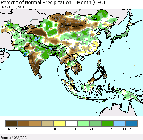 Asia Percent of Normal Precipitation 1-Month (CPC) Thematic Map For 3/1/2024 - 3/31/2024