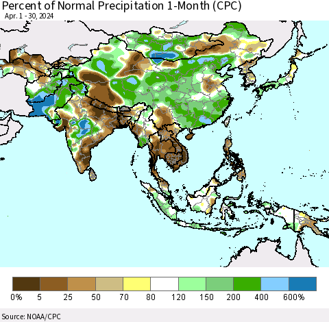 Asia Percent of Normal Precipitation 1-Month (CPC) Thematic Map For 4/1/2024 - 4/30/2024