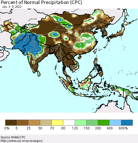 Asia Percent of Normal Precipitation (CPC) Thematic Map For 1/3/2022 - 1/9/2022
