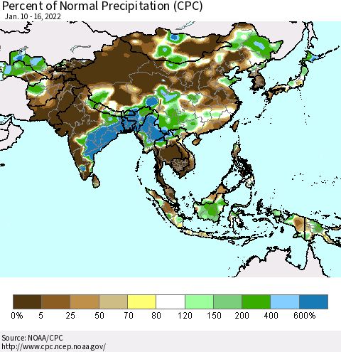 Asia Percent of Normal Precipitation (CPC) Thematic Map For 1/10/2022 - 1/16/2022