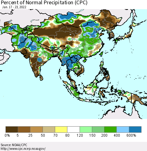 Asia Percent of Normal Precipitation (CPC) Thematic Map For 1/17/2022 - 1/23/2022