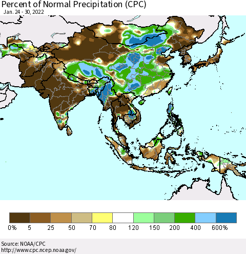 Asia Percent of Normal Precipitation (CPC) Thematic Map For 1/24/2022 - 1/30/2022