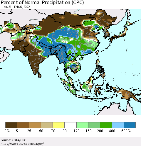 Asia Percent of Normal Precipitation (CPC) Thematic Map For 1/31/2022 - 2/6/2022