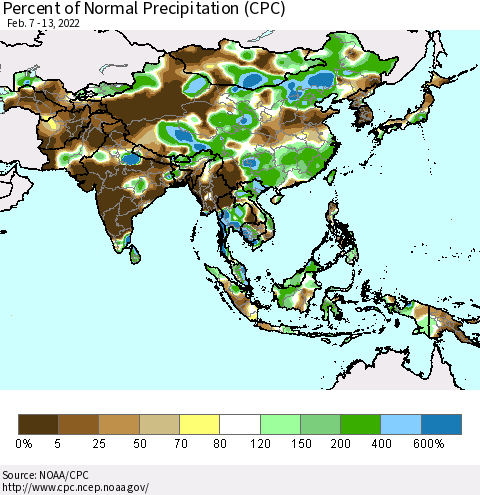 Asia Percent of Normal Precipitation (CPC) Thematic Map For 2/7/2022 - 2/13/2022