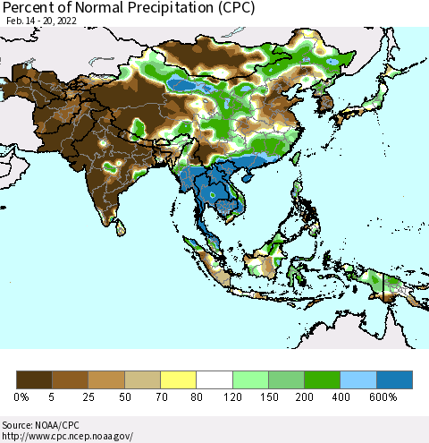 Asia Percent of Normal Precipitation (CPC) Thematic Map For 2/14/2022 - 2/20/2022