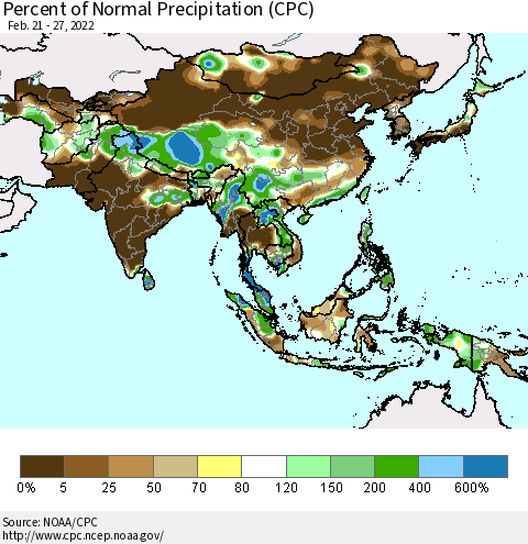Asia Percent of Normal Precipitation (CPC) Thematic Map For 2/21/2022 - 2/27/2022