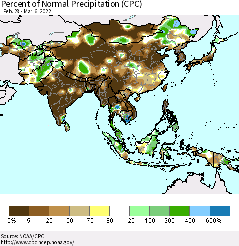 Asia Percent of Normal Precipitation (CPC) Thematic Map For 2/28/2022 - 3/6/2022