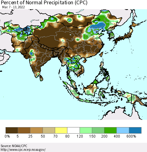 Asia Percent of Normal Precipitation (CPC) Thematic Map For 3/7/2022 - 3/13/2022