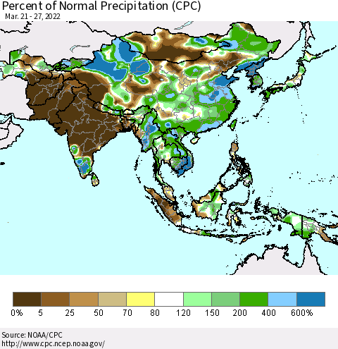 Asia Percent of Normal Precipitation (CPC) Thematic Map For 3/21/2022 - 3/27/2022