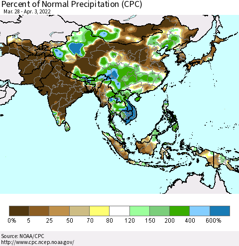 Asia Percent of Normal Precipitation (CPC) Thematic Map For 3/28/2022 - 4/3/2022