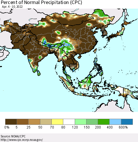 Asia Percent of Normal Precipitation (CPC) Thematic Map For 4/4/2022 - 4/10/2022