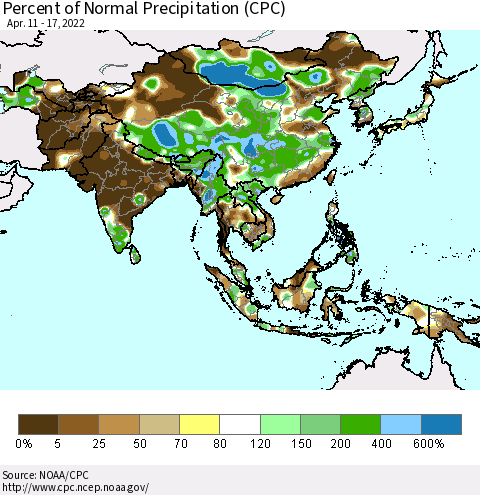 Asia Percent of Normal Precipitation (CPC) Thematic Map For 4/11/2022 - 4/17/2022